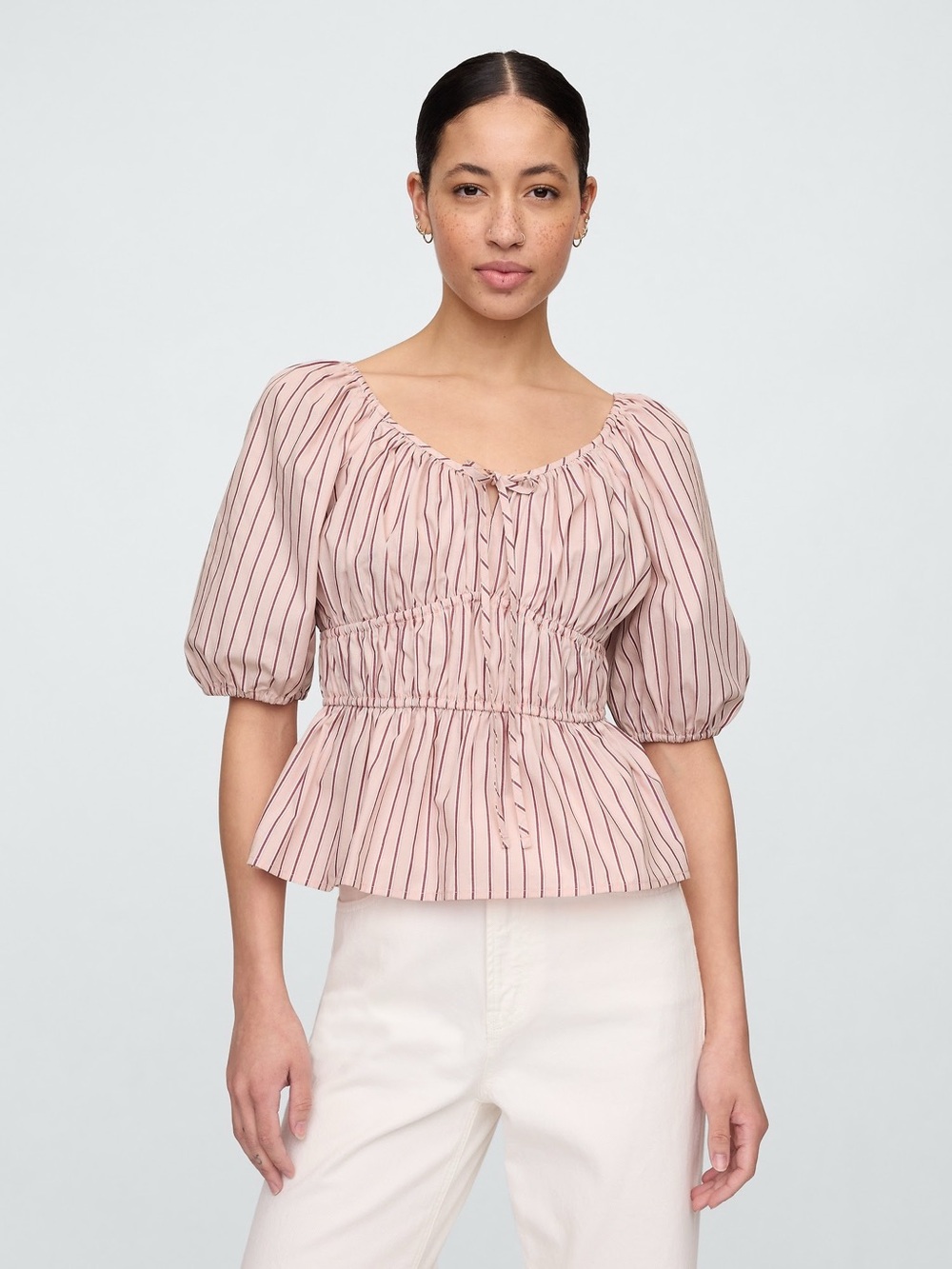NWT Gap Puff Sleeve Cinched-Waist Top Pink Stripe